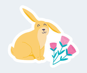 Cute rabbit or hare sits near rose flowers. Spring nature season. Vector illustration in cartoon sticker design