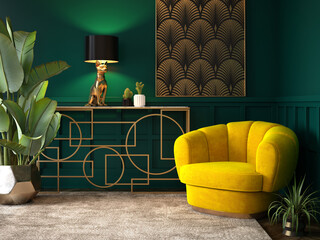 Luxury Interior. Modern art deco living room interior 3D illustration - 560402749