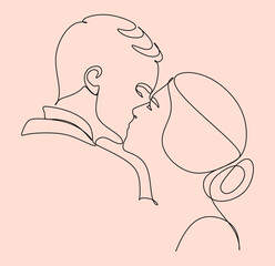 One continuous one line drawing of a woman and a man. Embrace of a young couple, lovers, woman and man. Romantic. Valentine's Day, postcards, valentines, tattoos