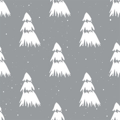 A seamless grey pattern with white pine trees, a snowy winter forest background