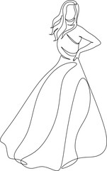 Beautiful woman in long flowing dress in continuous line art drawing style. Girl wearing luxury evening or bridal gown. Minimalist black linear sketch isolated on white background. Vector illustration