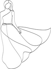 Beautiful woman in long flowing dress in continuous line art drawing style. Girl wearing luxury evening or bridal gown. Minimalist black linear sketch isolated on white background. Vector illustration