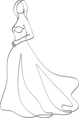 Beautiful woman in long flowing dress in continuous line art drawing style. Girl wearing luxury evening or bridal gown. Minimalist black linear sketch isolated on white background. Vector illustration