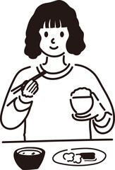 ご飯を食べる女性の線画