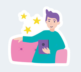 Man using smartphone for networking and chatting online. Stay at home. Vector illustration in cartoon sticker design