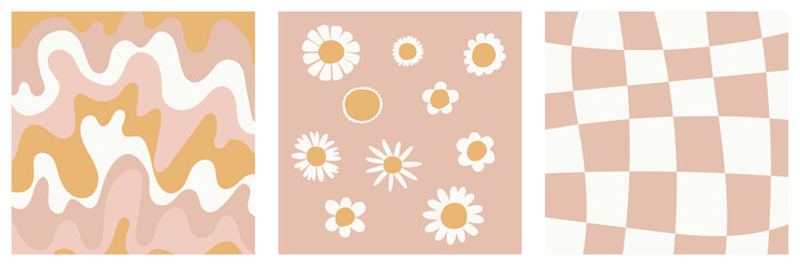 Pastel colors set of three patterns. Retro patterns. Stripes, flowers, squares pink and beige. Vector illustration