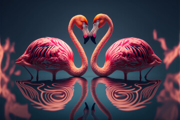 A pair of pink flamingos making a heart shape in reflection pond. Love concept. Generative AI