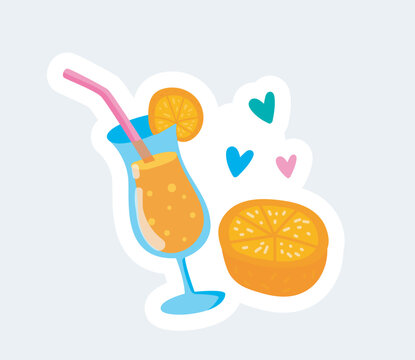 Orange cocktail and piece of fresh fruit. Summer vacation. Vector illustration in cartoon sticker design