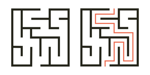 Abstract maze. Find right way. Isolated simple square maze black line on white background. Vector illustration.
