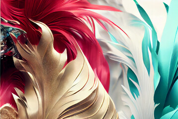 abstract beautiful soft feathers and fur background,carnival fantasy red blue green white and gold pastel colors background,generative ai.
