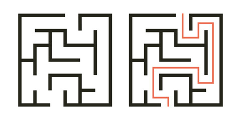 Abstract maze. Find right way. Isolated simple square maze black line on white background. Vector illustration.