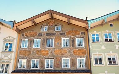 historic brown house front with mural painting, old town Bad Tolz