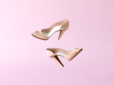 Beige high heels floating, levitate on pastel pink background. Minimal fashion concept. Trend woman shoes store, shop, showroom, banner for promotion. 3d render illustration.