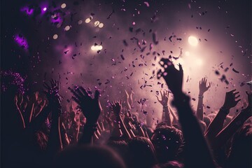 Fototapeta na wymiar party people dancing purple lights confetti flying everywhere nightclub, ai generated