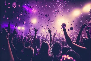 Fotobehang  party people dancing purple lights confetti flying everywhere nightclub, ai generated © dasom