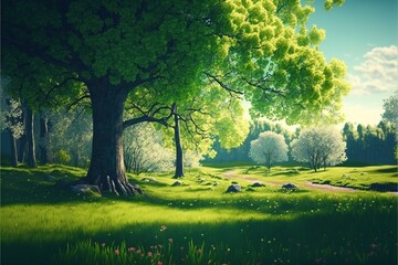 Spring Nature. Beautiful Landscape, Green Grass and Trees , ai generated