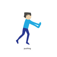 Side view of a cute cartoon man pushing on white background.