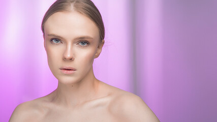 Beauty and skin care. Happy woman with fresh radiant, moisturized skin, standing with bare...