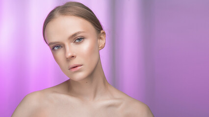 Beauty and skin care. Happy woman with fresh radiant, moisturized skin, standing with bare...
