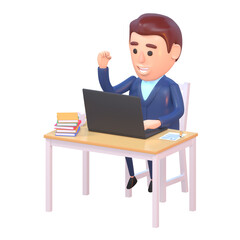 3d render of businessman in office celebrating success, achievement at work