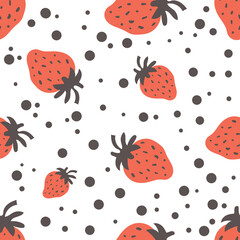 Vector Seamless bright light pattern Strawberry doodle style fresh fruit healthy food.