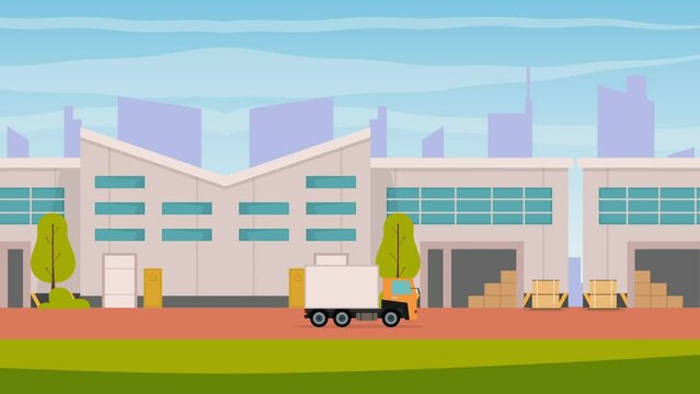 Factory building with silhouette of skyscrapers in background 2d animation cartoon in 4k