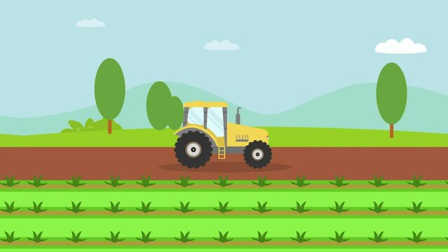 Seamless loop tractor on a farm 2d animation cartoon in 4k
