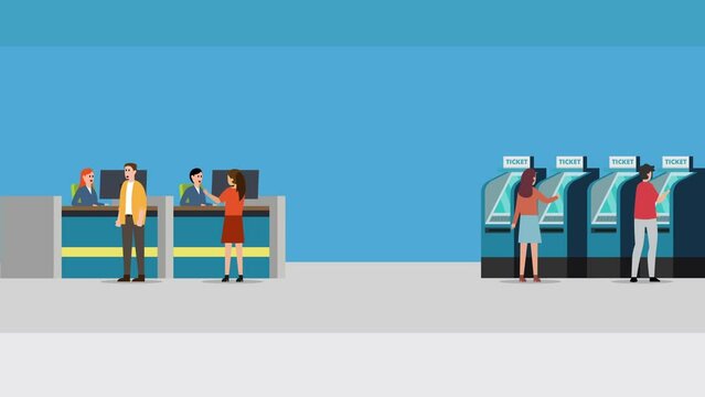Automated airport check-in 2d animation cartoon in 4k