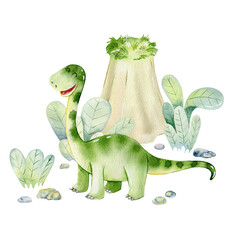 Watercolor dinosaur. Hand drawn illustration with brontosaurus. Png. © Tapilipa