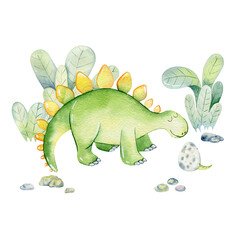 Watercolor dinosaur. Hand drawn illustration with stegosaurus for invitation card, nursery poster and other. Png.