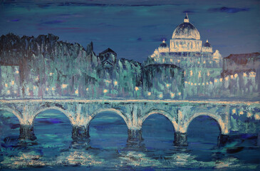 Art painting of Basilica Sant Pietro, Tiber river Rome, Italy. - 560408381