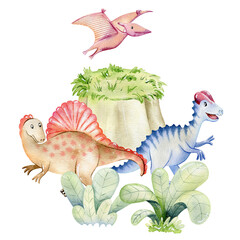 Watercolor dinosaurs for invitation card, nursery poster and other. Png with transparent background © Tapilipa