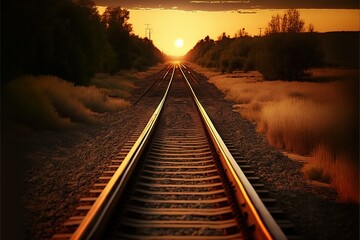 Obraz na płótnie Canvas closeup of Single rail track, sunset, ai generated