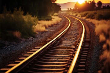 Fototapeta na wymiar closeup of Single rail track, sunset, ai generated