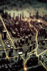 Abstract bokeh illustration of a golden intricate minimal map of New York city. A futuristic visual tech adventure, discovery, navigation, communication, geography, transport and travel theme