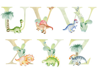 Watercolor dinosaurs letters for invitation card, nursery poster and other. Png with transparent background.