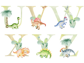 Watercolor dinosaurs letters for invitation card, nursery poster and other. Png with transparent background. © Tapilipa