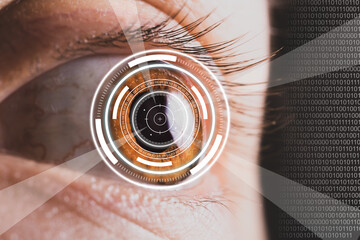 laser and glaucoma eye surgery concept, close up of eye with reticle  or target overlay; also...