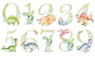 Watercolor dinosaurs numbers for invitation card, nursery poster and other. Png with transparent background. © Tapilipa