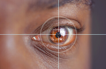 laser and glaucoma eye surgery concept, close up of eye with reticle  or target overlay; also...