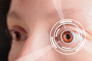 laser and glaucoma eye surgery concept, close up of eye with reticle  or target overlay; also...
