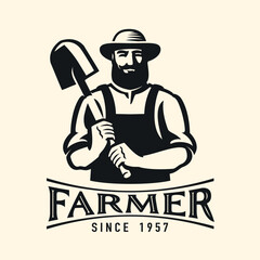 Farmer holding shovel, black emblem. Agriculture, farm, growing organic food badge or logo. Vector illustration