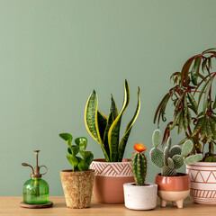 Stylish composition of home garden interior filled a lot of beautiful plants, cacti, succulents,...