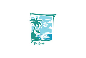 The Beach Vector Logo Template. Panoramic illustrated logo for leisure club, tropical theme cafe, travel agency, leisure place.