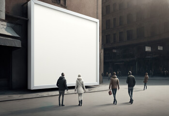Blank display outdoors in urban area with people walking, AI Generate