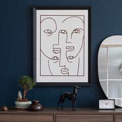 Creative composition of modern living room interior design with mockup poster frame, wooden...