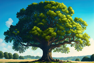 realistic large fantasy oak tree in a field against a clear blue sky, tree, landscape, art illustration