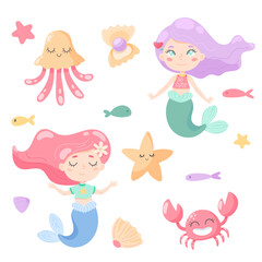 Vector image set with two cute mermaids, jellyfishes, seaweed, fishes, starfish and pearl oyster
