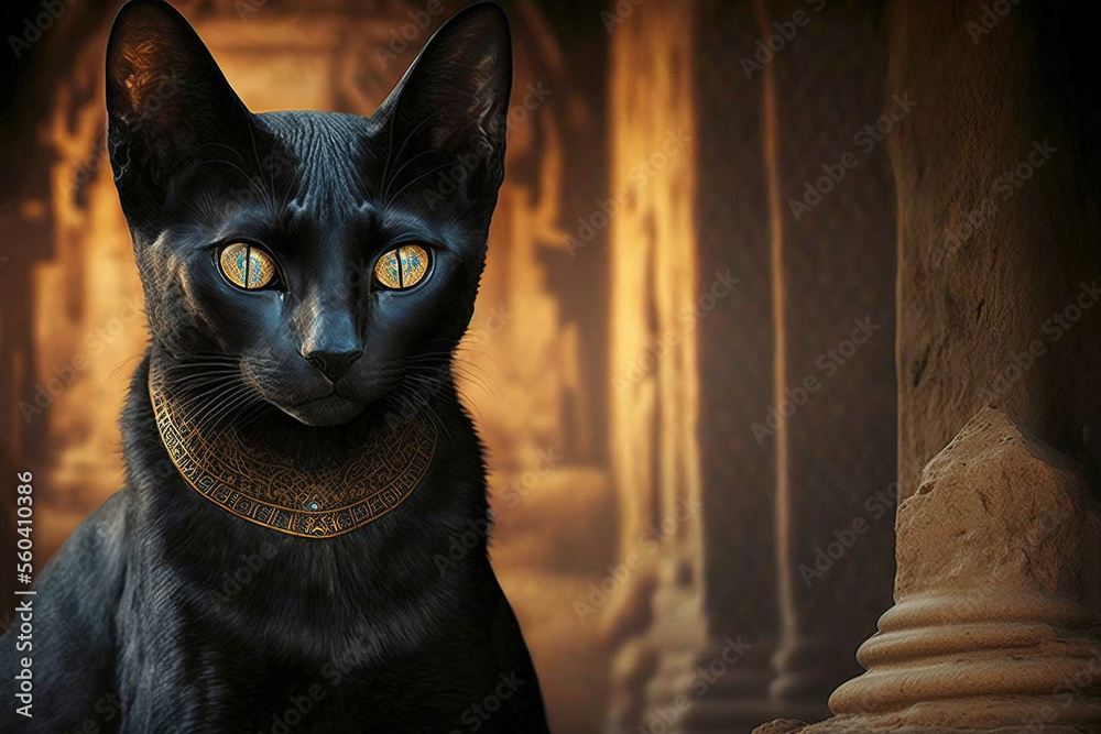 Wall mural portrait of an ancient egyptian black cat with golden ornaments. ancient egyptian goddess bastet. ai