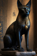 Portrait of an ancient Egyptian black cat with golden ornaments. Ancient Egyptian goddess Bastet. AI
